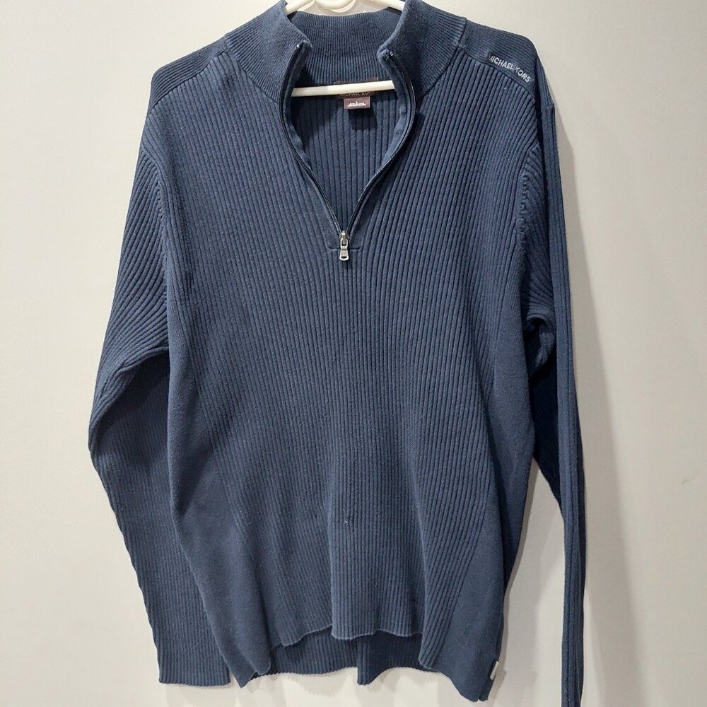 Michael Kors Men's L 100% Cotton Ribbed Quarter-zip Sweater Navy